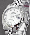 Mid Size Datejust 31 in Steel with White Gold Fluted Bezel on Jubilee Bracelet with MOP Roman Dial