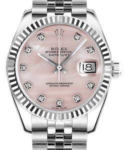 Mid Size Datejust 31mm in Steel with White Gold Fluted Bezel on Jubilee Bracelet with Pink MOP Diamond Dial