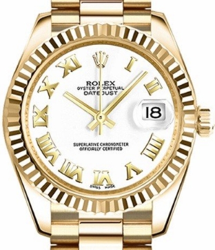 Datejust Midsize President in Yellow Gold with Fluted Bezel on Yellow Gold President Bracelet with White Roman Dial