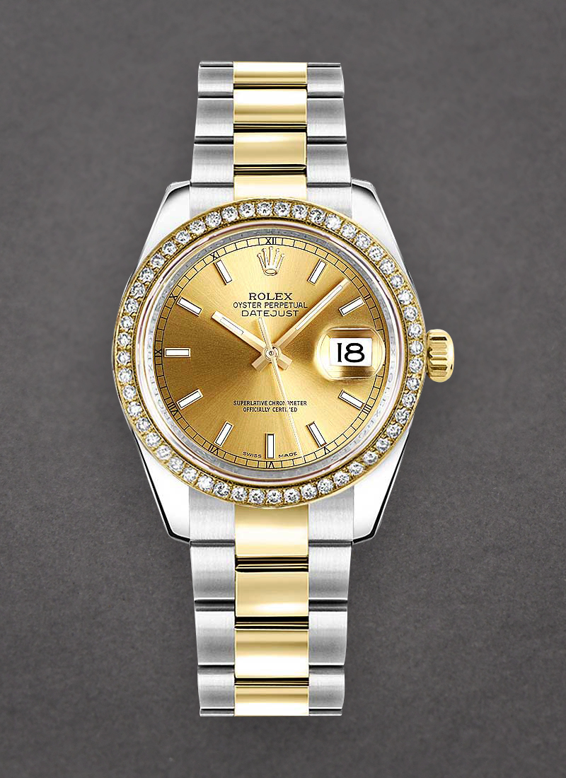 Rolex Unworn Mid Size 31mm Datejust in Steel with Yellow Gold Diamond Bezel