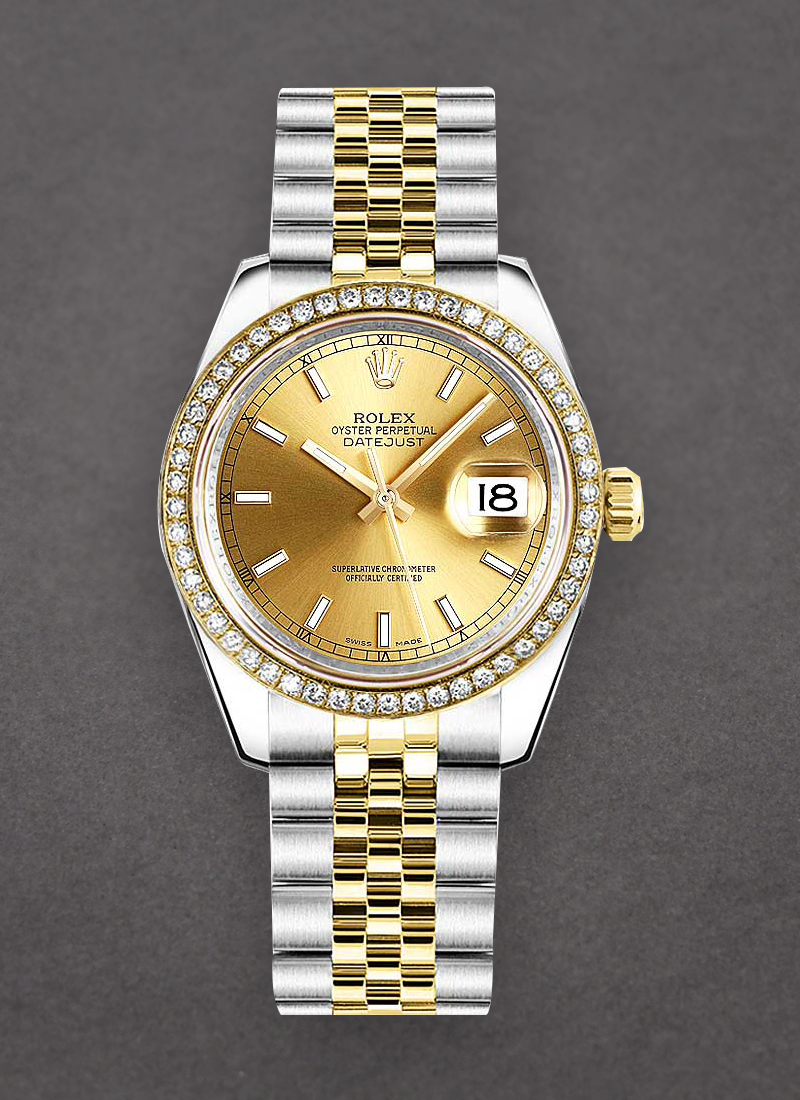 Rolex Unworn Mid Size 31mm Datejust in Steel with Yellow Gold Diamond Bezel