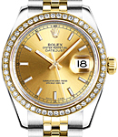 Mid Size 31mm Datejust in Steel with Yellow Gold Diamond Bezel on Bracelet with Champagne Index Dial