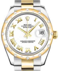 Datejust 31mm in Steel with YG Domed Diamond Bezel on Oyster Bracelet with White Roman Dial
