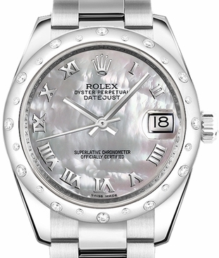 Datejust Mid Size 31mm in Steel with 24 Diamond Bezel on Oyster Bracelet with MOP Roman Dial