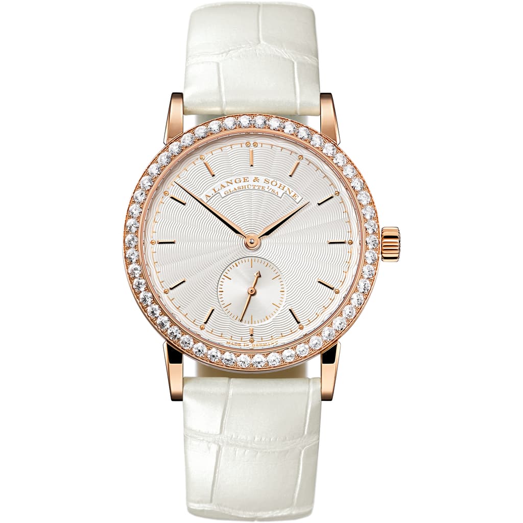 Little Saxonia Manual in Rose Gold with Diamond Bezel On White Alligator Leather with Silver Guilloche Dial