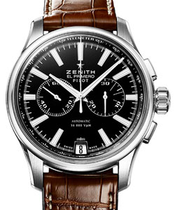 El Primero Pilot in Steel on Brown Alligator Leather  with Black Dial