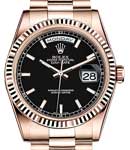 Day Date President in Rose Gold with Fluted Bezel on President Bracelet with Black Stick Dial