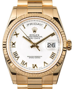 Day-Date 36mm President in Yellow Gold with Fluted Bezel on Bracelet with White Roman Dial