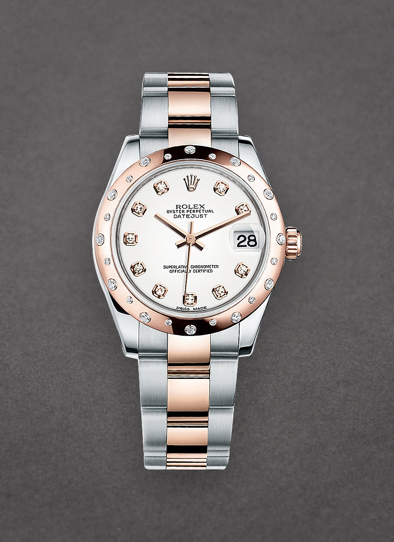 Rolex Unworn Mid Size Datejust 31mm in Steel with Rose Gold 24 Diamond Set Bezel