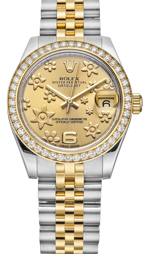 Datejust Mid Size 2-Tone in Steel with Yellow Gold Diamond Bezel on Steel and Yellow Gold Jubilee Bracelet with Champagne Flower Dial
