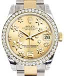 Datejust in Steel with Yellow Gold Diamond Bezel on Steel and Yellow Gold Oyster Bracelet with Champagne Floral Dial
