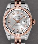 Ladies Datejust 26mm in Steel with Rose Gold Fluted Bezel on 2 Tone Jubilee Bracelet with Silver Dial with Diamond Hour Markers