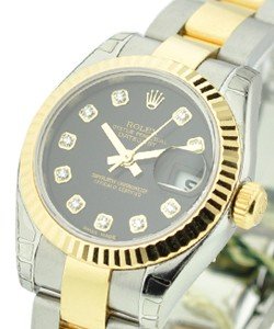 Datejust in Steel with Yellow Gold Fluted Bezel on Steel and Yellow Gold Oyster Bracelet with  Black Diamond Dial