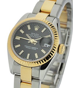 Datejust in Steel with Yellow Gold Fluted Bezel on Steel and Yellow Gold Oyster Bracelet with Black Stick Dial