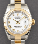 Datejust 26mm in Steel with Yellow Gold Fluted Bezel on Oyster Bracelet with White Roman Dial