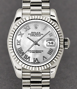 President 26mm in White Gold with Fluted Bezel on White Gold President Bracelet with MOP Roman Dial