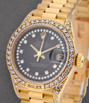 Ladies President in Yellow Gold with Diamond Bezel on Yellow Gold President Bracelet with Black Diamond String Dial