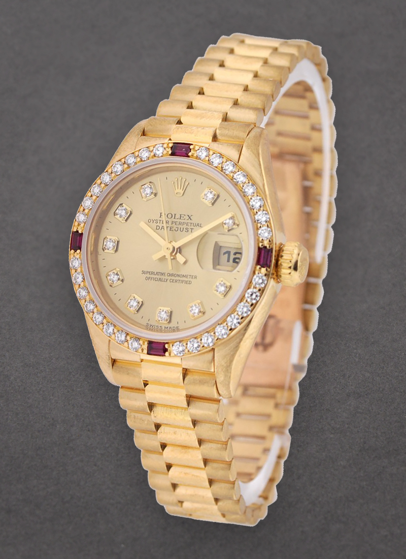 Pre-Owned Rolex Ladies President in Yellow Gold with Factory Diamond and Ruby Bezel