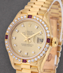 Ladies President in Yellow Gold with Factory Diamond and Ruby Bezel on Yellow Gold President Bracelet with Champagne Diamond Dial