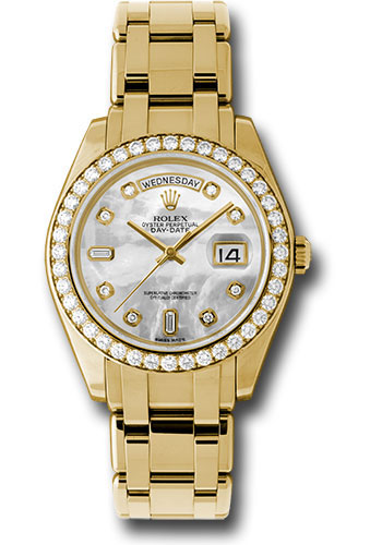 Masterpiece Mens Day Date in Yellow Gold with Diamond Bezel on Yellow Gold Oyster Bracelet with Mother of Pearl Diamond Dial