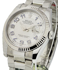 Datejust 36mm in Steel and White Gold with Fluted Bezel on Steel Oyster Bracelet with Silver Dial with Blue Arabics