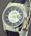 Datejust in White Gold with Fluted Bezel on Black Alligator Leather Strap with Black and Silver Dial