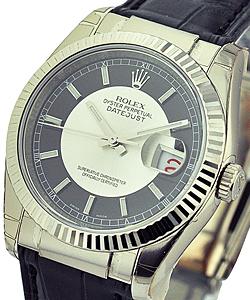 Datejust in White Gold with Fluted Bezel on Black Alligator Leather Strap with Black and Silver Dial