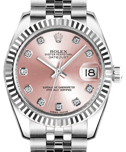 Mid Size 31mm Datejust in Steel with Fluted Bezel on Steel Jubilee Bracelet with Pink Diamond Dial