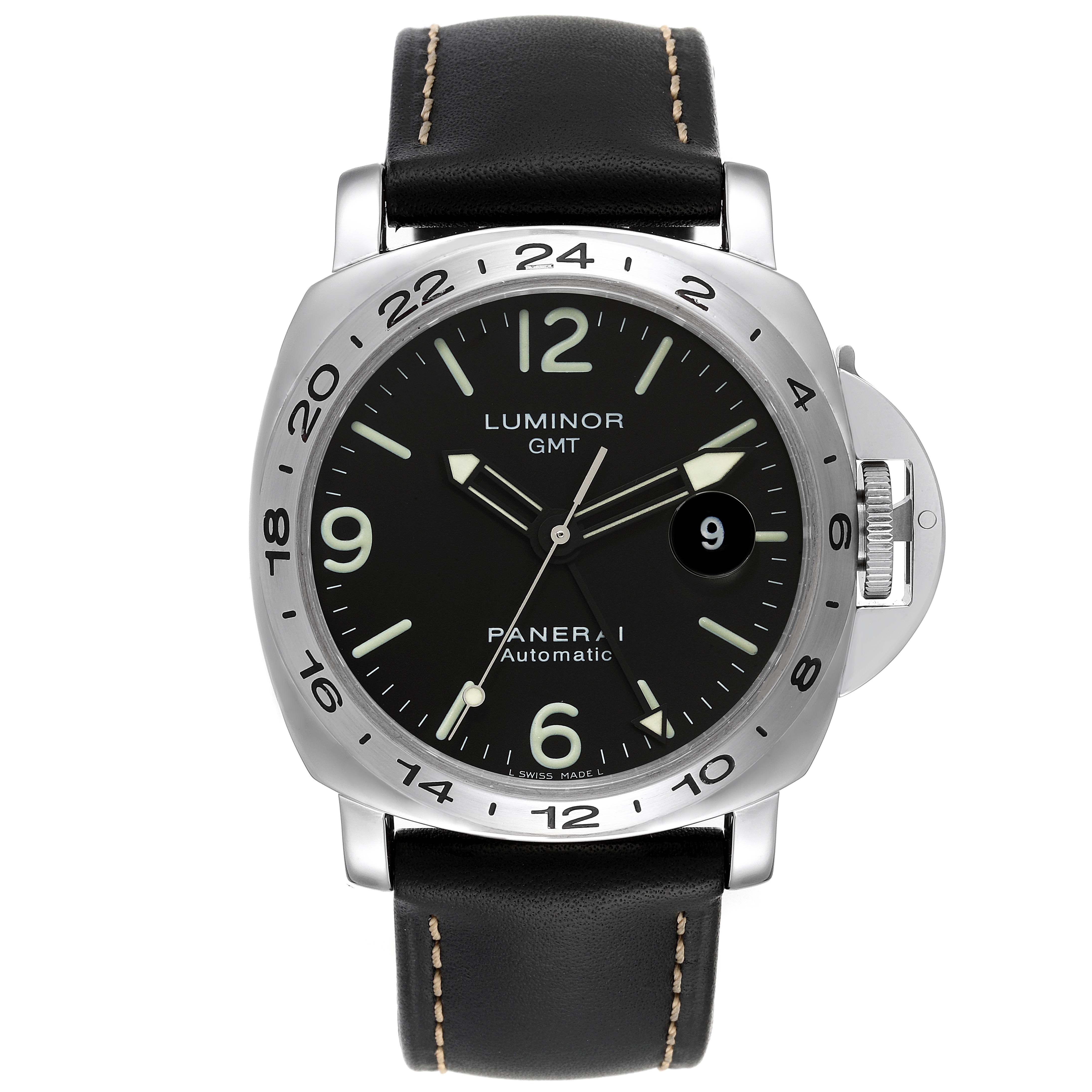 PAM 23 - Panerai GMT Men's Automatic in Steel Steel on Brown Crocodile Strap - Black Index Luminous