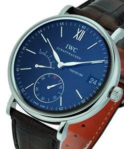 Portofino Hand-Wound Eight Days in Steel on Brown Alligator Leather Strap with Black Dial