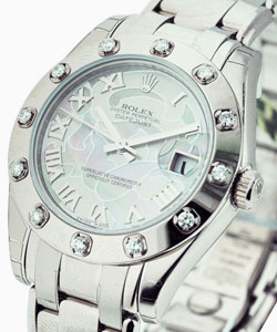 Masterpiece Mid Size 34mm in White Gold with 12 Diamond Bezel on White Gold Pearlmaster Bracelet with Goldust Dream Roman Dial