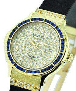 Classic 28mm  with Blue Sapphire Bezel Yellow Gold on Strap with Pave Diamond Dial and Lugs