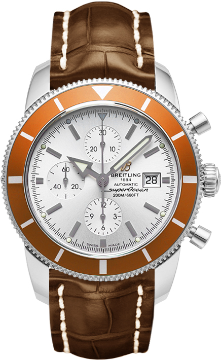 Superocean Heritage 46mm Chronograph Men's in Steel on Brown Crocodile Leather Strap with Silver Dial