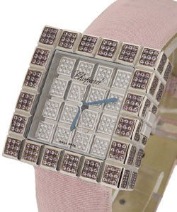 Ice Cube XL in White Gold with Diamond Bezel on Pink Satin Strap with Pave Diamond Dial