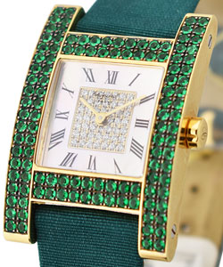H Watch in Yellow Gold with Green Emerald Bezel on Green Strap with MOP Diamond Dial