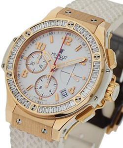 Big Bang 41mm Rose Gold with Baguette Bezel on White Rubber Strap - White Dial 