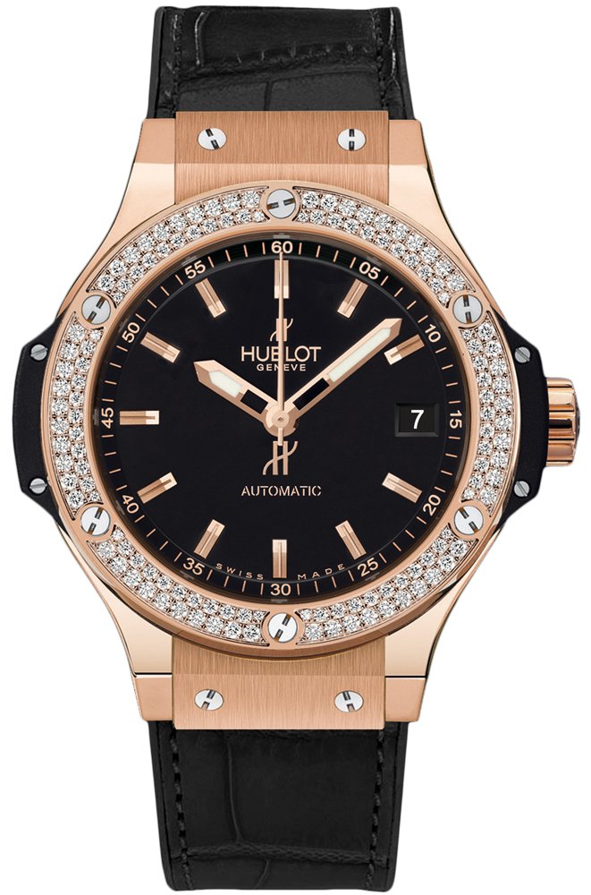 Big Bang 38mm in Rose Gold with Diamond Bezel on Black Leather Strap with Black Dial