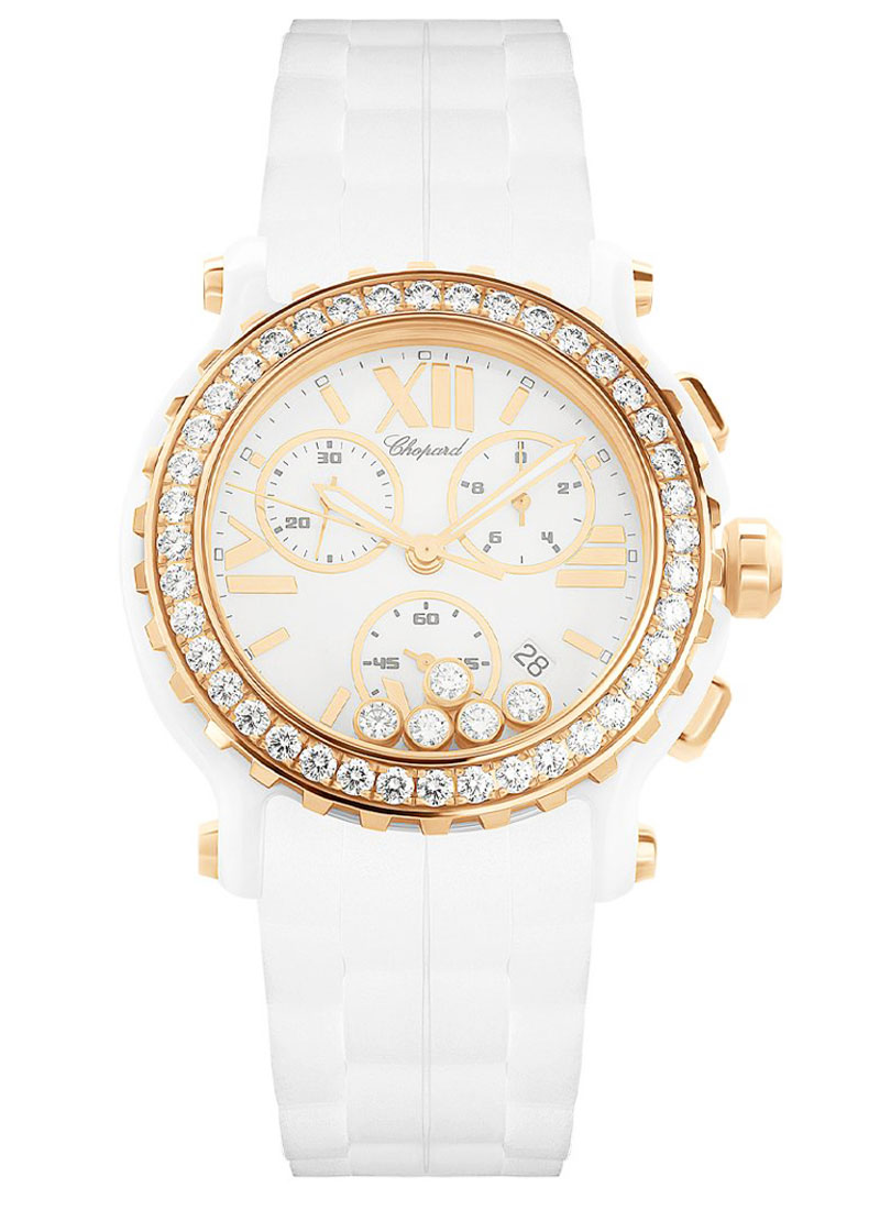 Chopard Happy Sport Chronograph  in White Ceramic with Rose Gold Diamond Bezel