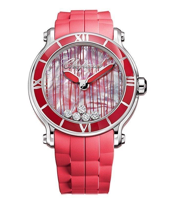 Happy Sport Ladies in Steel with Red Bezel on Red Rubber Strap with Red Dial and 5 Diamonds