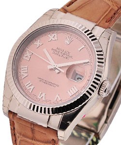 Datejust in White Gold with Fluted Bezel on Tan Alligator Leather Strap with Salmon Roman Dial