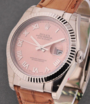 Datejust in White Gold with Fluted Bezel on Tan Alligator Leather Strap with Salmon Roman Dial