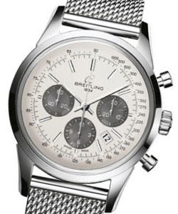 Transocean Chronograph in Steel on Mesh Bracelet with Silver Dial and Anthracite Subdials