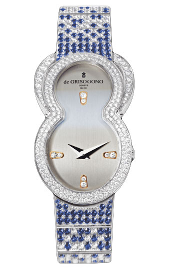 Be Eight 27mm Automatic in White Gold with Paved Diamonds Bezel on White Gold & Blue Sapphires Bracelet with Silver Dial