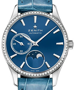 Class Elite Lady Ultra Thin Moonphase in Steel with Diamond Bezel on Blue Alligator Leather Strap with Blue Dial