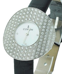 Chinese Hat lady's in White Gold with Diamond Case  On Black Leather Strap with Mother of Pearl Diamond Dial