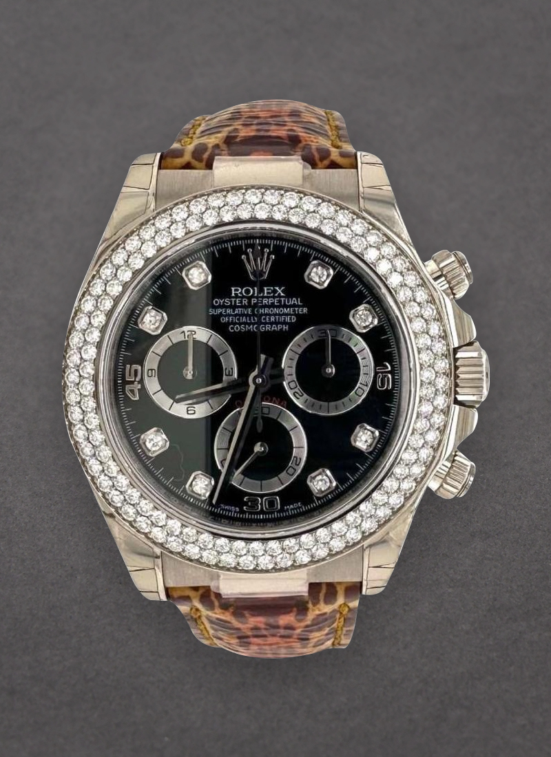 Pre-Owned Rolex Daytona on Strap White Gold with Custom 2 Row Diamond Bezel