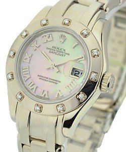 Masterpiece Lady's with White Gold 12 Diamond Bezel on Pearlmaster Bracelet with Pink MOP Roman Dial