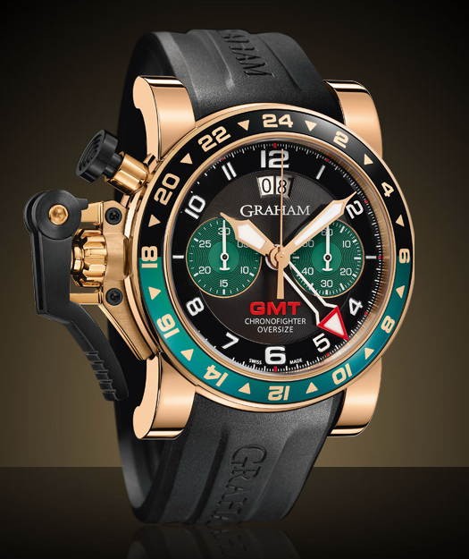 Chronofighter Oversize GMT in Rose Gold with Green Bezel  on Black Rubber Strap with Black and Green Dial