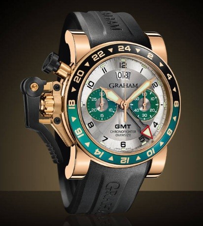 Chronofighter Oversize GMT in Rose Gold on Black Rubber Strap with Green and Silver Dial