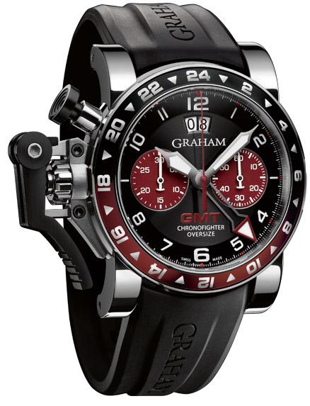 Chronofighter Oversize GMT in Steel on Black Rubber Strap with Black and Red Dial